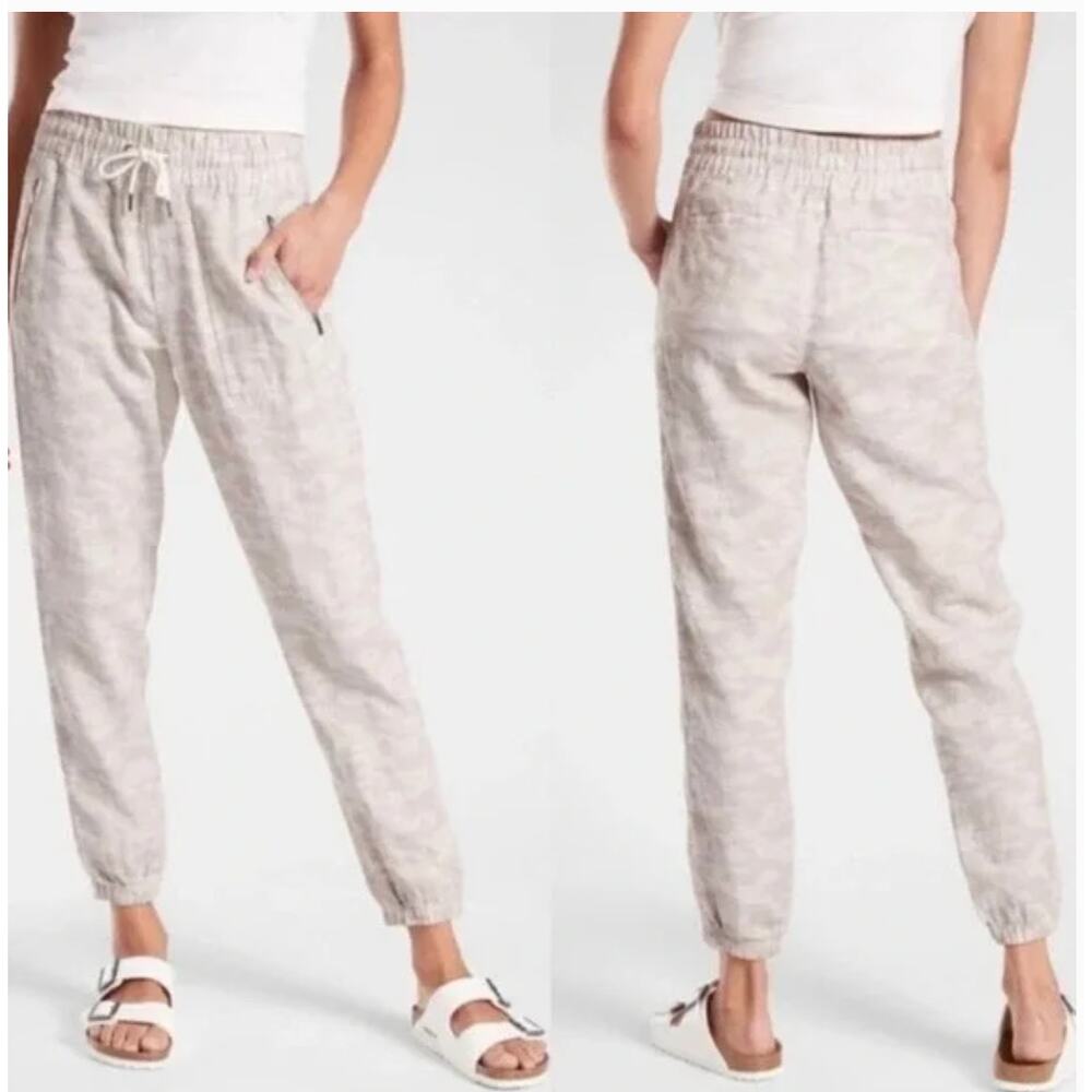 Athleta‎ Cabo Tide Linen Jogger Pants – Neutral Camo Coastal Travel – Women’s 16